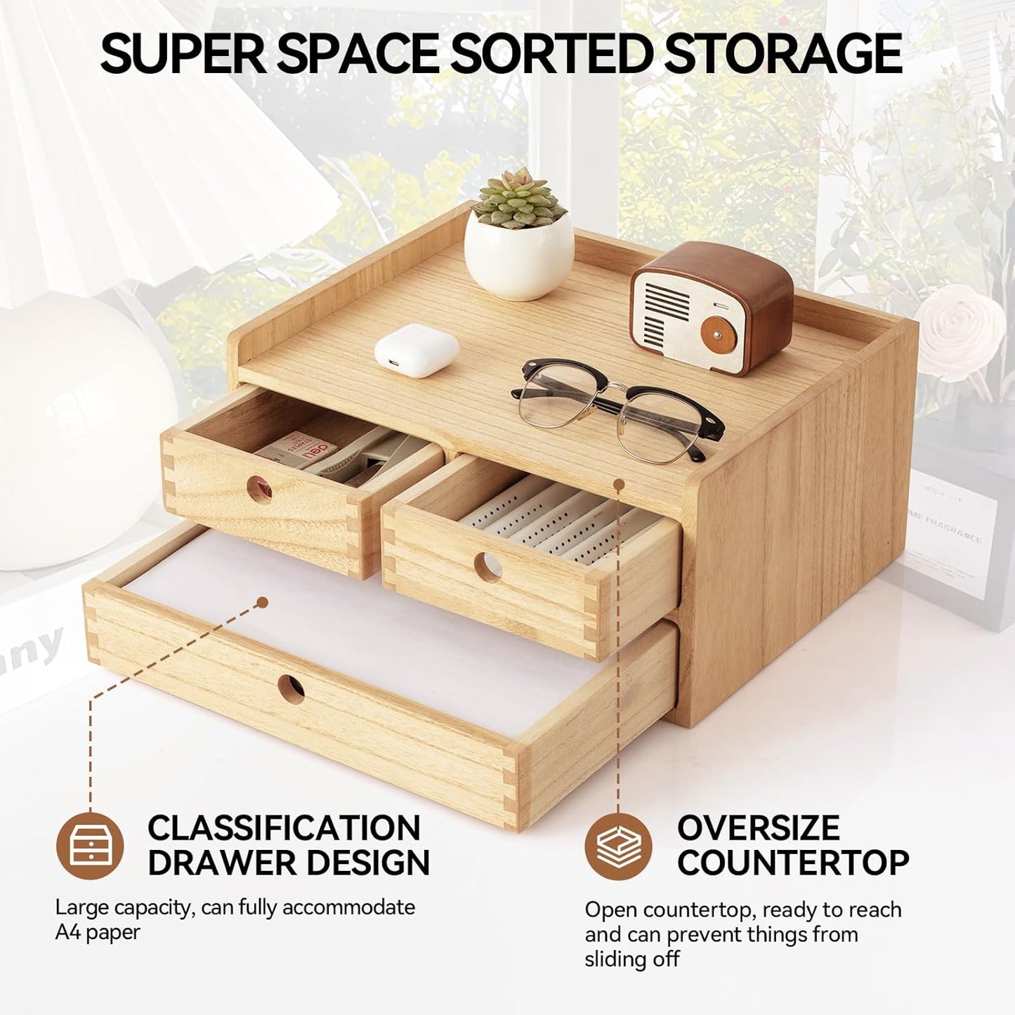 KIRIGEN Wood Organizer Shelf with 3 Drawers for Home Kicthen Decor Office Supplies Desktop Cabinet for Drawer Organizer - Desk Accessories Storage Box -Countertop Shelf Natural（DT2D3C-NA）