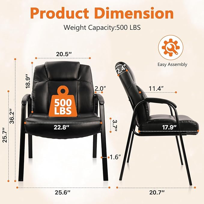 CLATINA Big & Tall 500 lb. Guest Chair, Leather Reception Chairs with Padded Arm Rest for Waiting Room Office Home and Meeting Conference-Black, 2 Pack