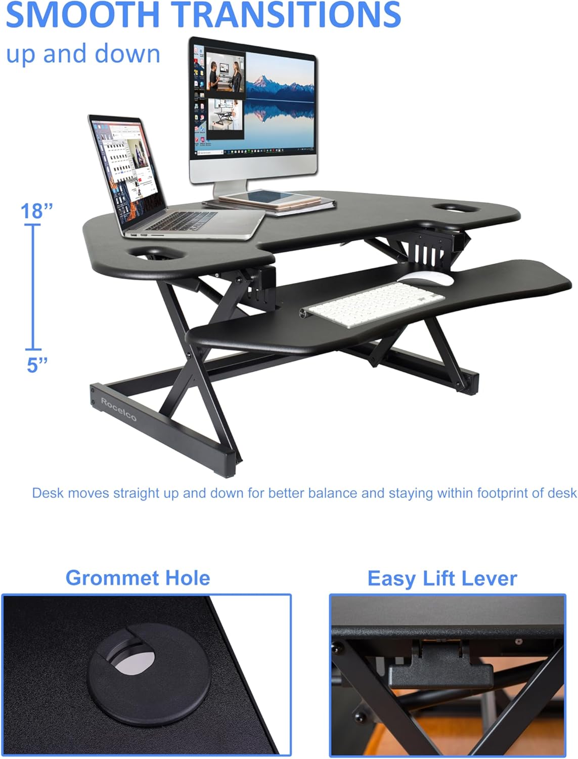 Rocelco 46" Height Adjustable Corner Standing Desk Converter - Quick Sit Stand Up Dual Monitor Riser - Gas Spring Assist Tabletop Computer Workstation - Large Keyboard Tray - Black (R CADRB-46)