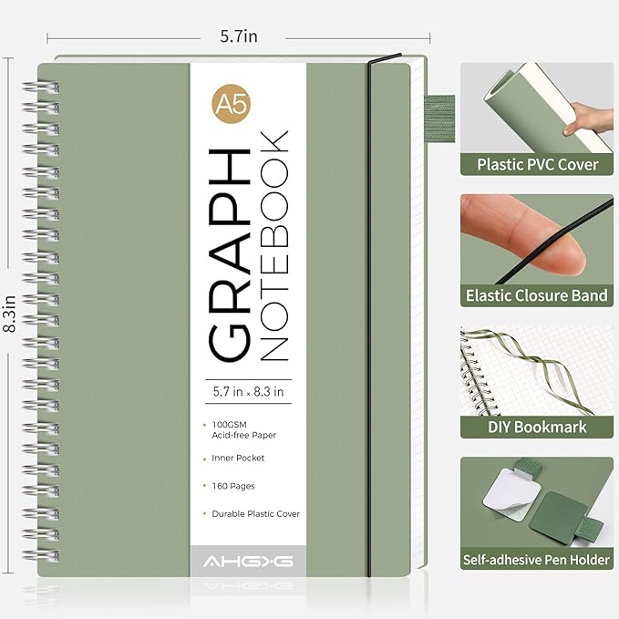 AHGXG Graph Paper Notebook - Spiral Notebook Journal 160 Pages, A5 Graph Notebook 5.7" x 8.3", 100 gsm Thick Grid Paper, Waterproof Plastic Cover, for School Writing Engineering Math, Sage Green