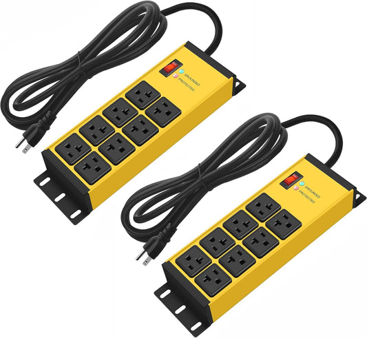 CCCEI 2PCS Heavy Duty Power Strip Surge Protector 20 AMP, 8 Outlets 12 Gauge Shop Garage Metal Multiple Outlets, 4 FT Extension Cord 5-15P Adapter High Amp 6-20R T-Slot 20a for Appliance Yellow.