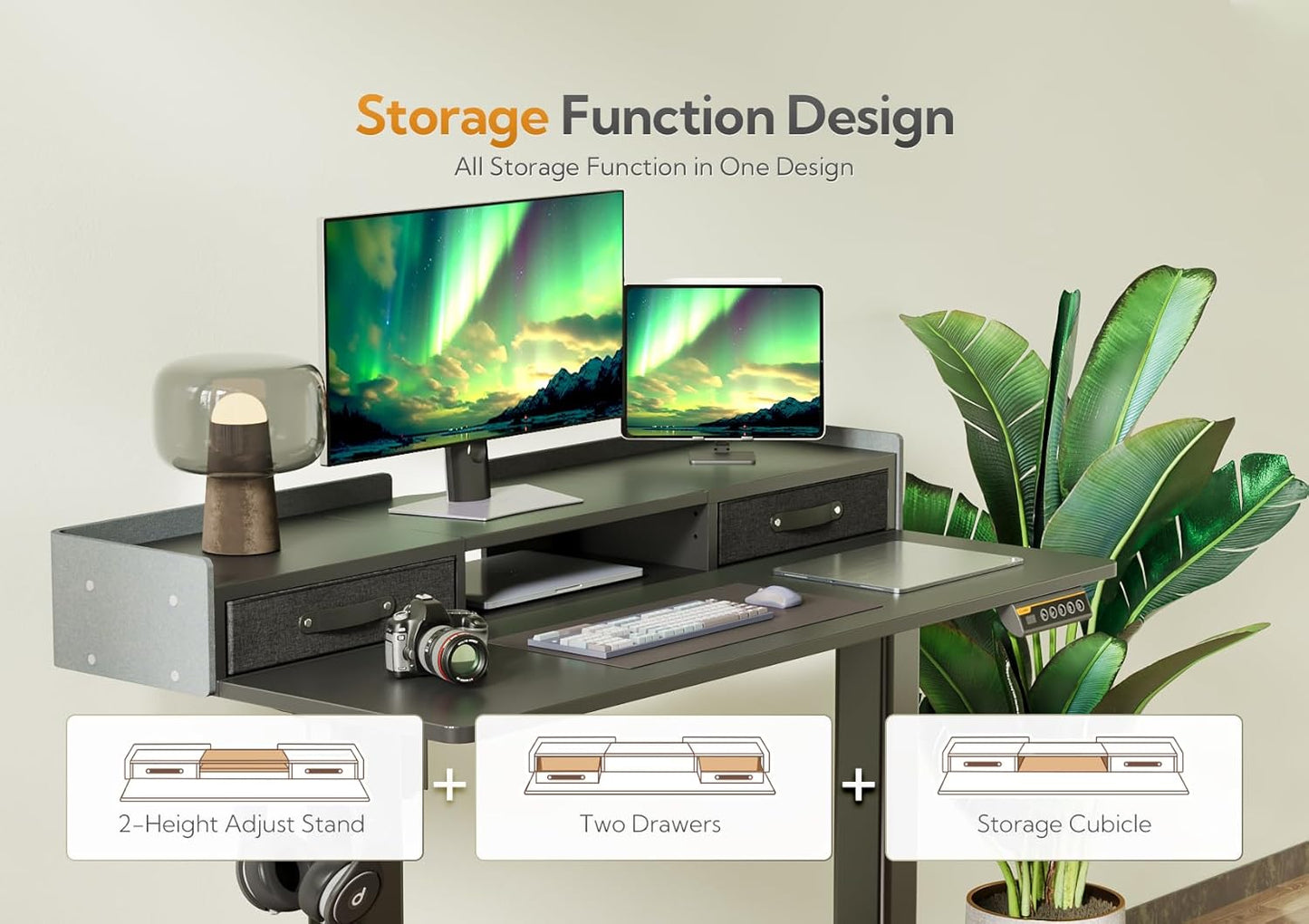 YDN Standing Desk with Drawers, 59 Inch Standing Desk Adjustable Height, Adjustable Electric Stand Up Sit Stand Small with Storage and Shelf, Black