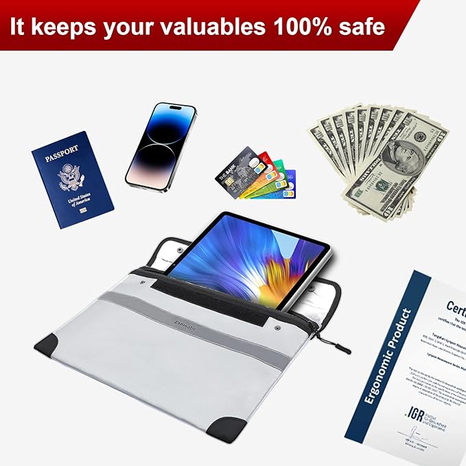 Fireproof Document Bag – 5200°F Heat-Resistant, 10.6"x14.2" Waterproof Money Pouch with 8-Layer Protection, Zipper and Snap Closure, Reflective Strip for Quick Access, Gray