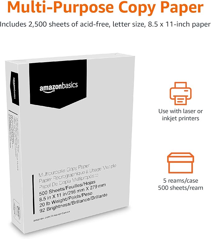Amazon Basics Multipurpose Copy Printer Paper, 20 lb, 8.5 x 11 Inches, 5 Reams (2,500 Sheets), 92 Bright, White