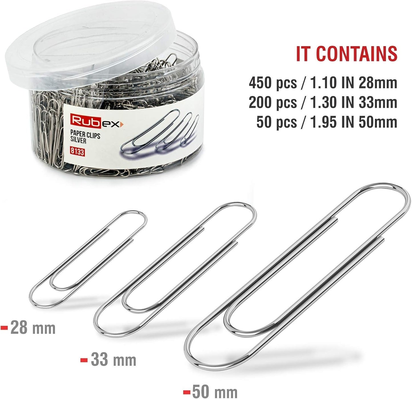 RUBEX 700 Paper Clips, Silver, Assorted Sizes: Small, Medium, Large – Durable & Rustproof for Office, School, and Document Organization