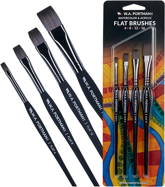 WA Portman Flat Paint Brushes 4pc Set - 100% Vegan, Cruelty-Free Artist Paint Brushes for Acrylic Painting and Watercolor Painting - Professional Art Brush Set with Triangular Comfort Grip