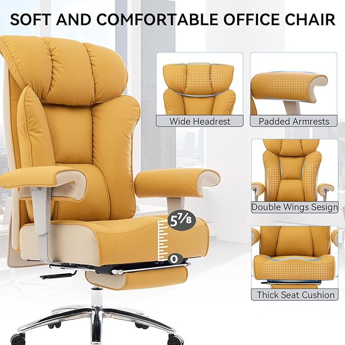 Efomao Big and Tall Green Office Chair 450LBS – Ergonomic High-Back Executive Chair with Footrest, Adjustable Padded Armrests, PU Leather Computer Chair with Lumbar Support for Home or Office, Yellow