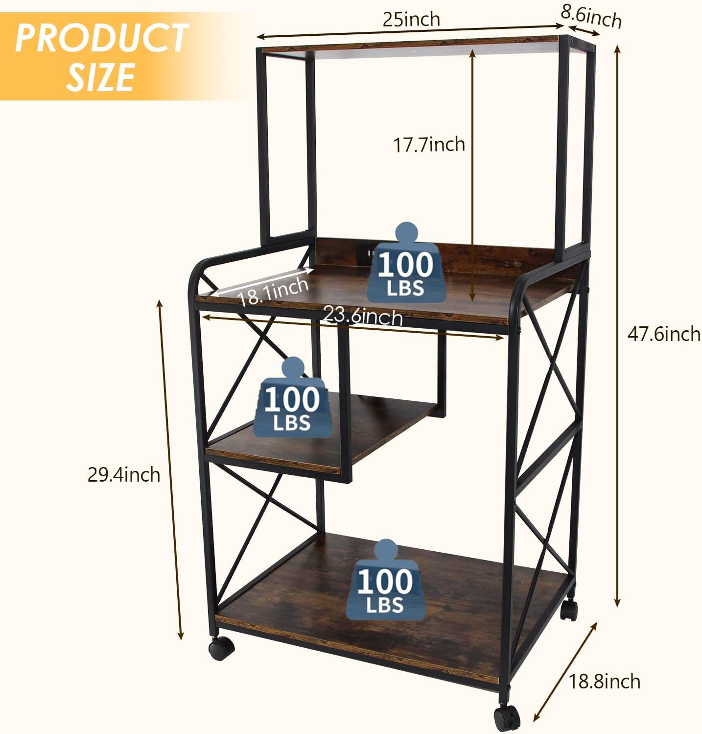 Printer Stand, Large Printer Stand with Storage, 23 x 18 Inch Printer Table for Home Office, 4 Tier Home Printer Cart with Wheels & Socket, Computer Tower Stand, Vintage Brown