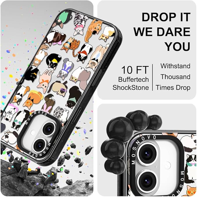 MOSNOVO Case for iPhone 16, [10ft 4X Military-Grade Drop Protection] Durable & Shockproof Phone Case Cover Design for iPhone 16 - Cute Cats - Clear Black