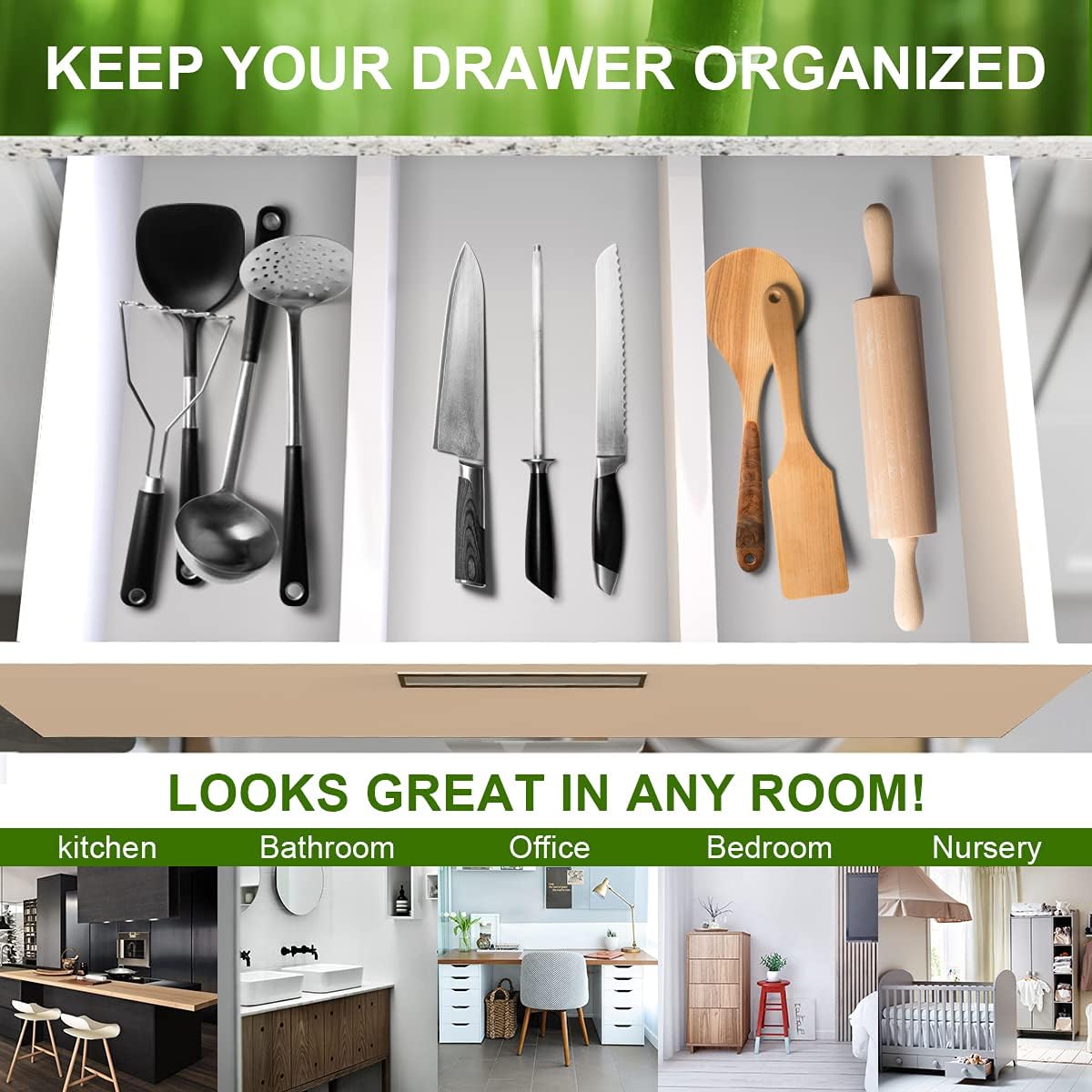ANTOWIN Expandable Bamboo Drawer Dividers, Drawer Separators,17-22 inches Adjustable Spring-loaded Organizer for Large Utensil, Clothes, Tools Drawers, 6Pack (White)
