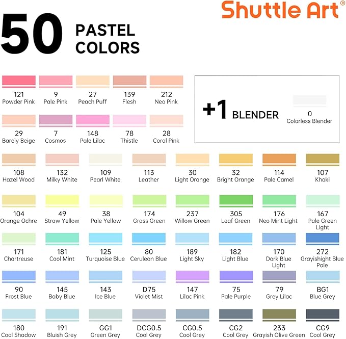 Shuttle Art Pastel Alcohol Markers Brush tip, Dual Tip Brush & Chisel Tip Art Marker Set, 50 Colors plus 1 Blender Marker Pens with Case Perfect for Illustration Students Adults Coloring Sketching