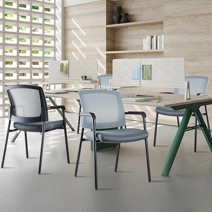 CLATINA Grey Stacking Chairs Stackable Waiting Room Chairs with Armrest, Mesh Office Reception Guest Chair for Home Desk Conference Lobby Church Medical Meeting Training Ergonomic, Set of 8