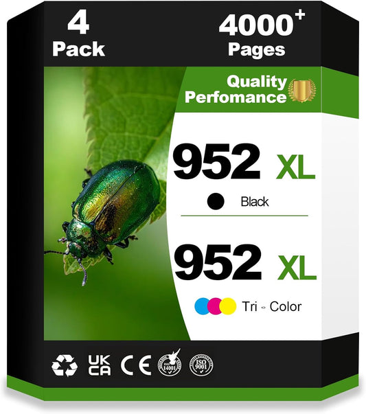 952XL Ink Cartridges Black Tri-Color Combo Compatible Replacement Work with HP OfficeJet Pro 7720 7740 8200 8210 8216 8218 8700 8710 8714 8715 8716 8717 8720 8724 8725 8726 Printer(4 Pack, BCMY)