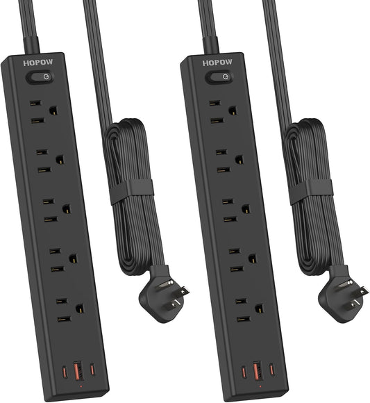 Flat Plug Power Strip, 2 Pack, 6 Ft Ultra Thin Flat Extension Cord, Surge Protector with 5 Outlets & 3 USB Ports (2 USB C Slots), 1700 Joules, 3-Prong, Wall Mount for Home Office Dorm, Black