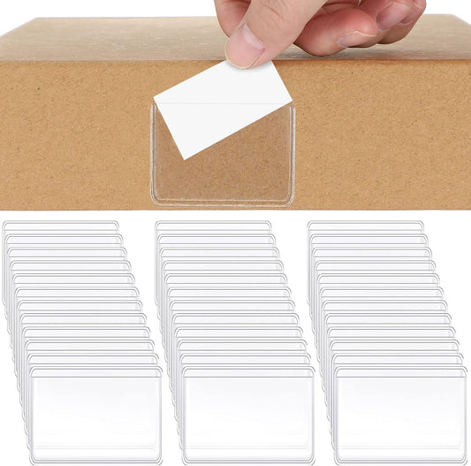 Jeyiour 100 Pcs Label Holders Adhesive Nameplate Pockets Storage Bin Labels Index Card Holder Shelf Plastic Peel Stick for Classroom Supermarket Bookshelf Library Student Box Drawer (2.4 x 1.6 Inch)