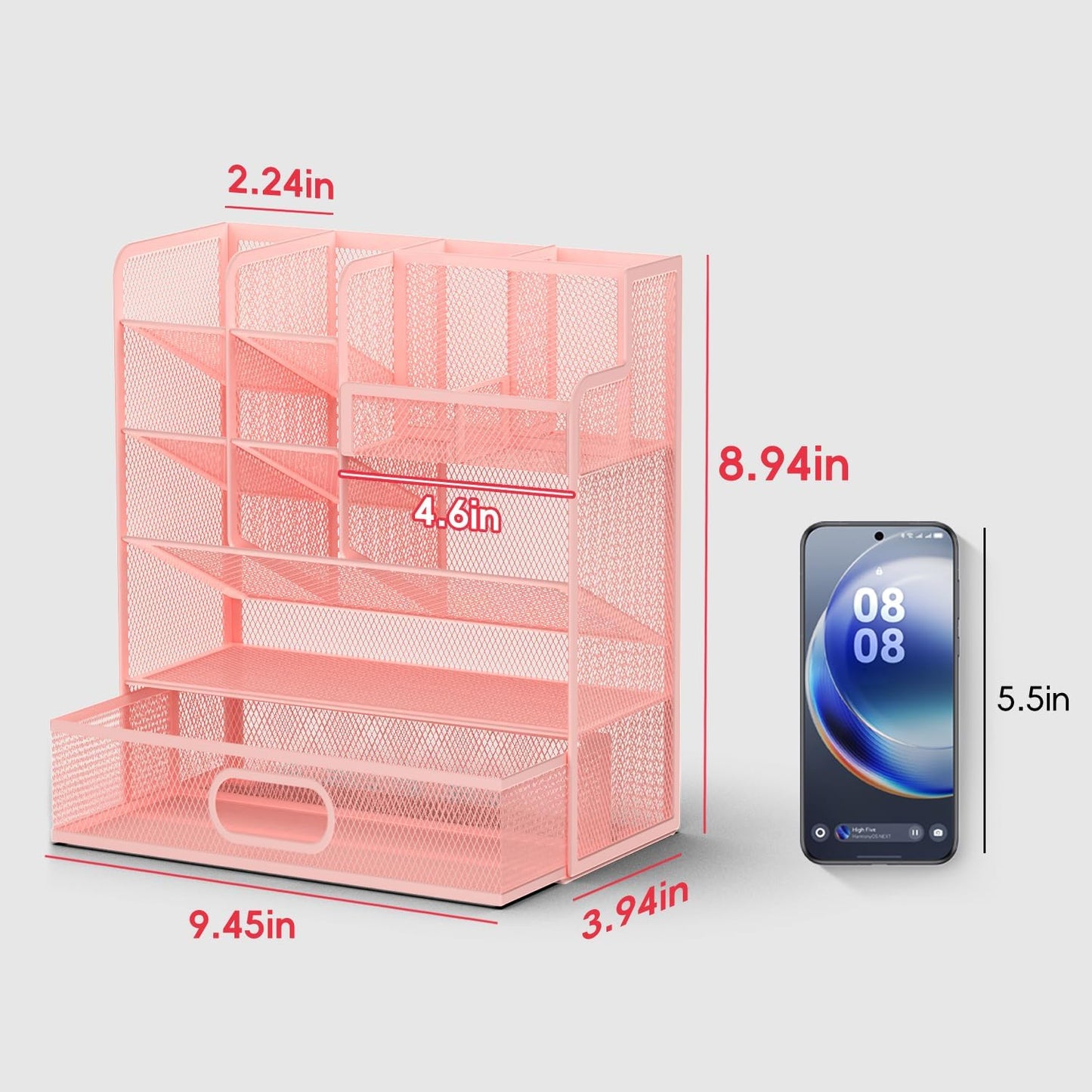 Mesh Pen Organizer for Desk, Multi-Functional Pencil Holder with Drawer Desk Organizers, Large Capacity Storage for School Office Home Supplies (Pink)