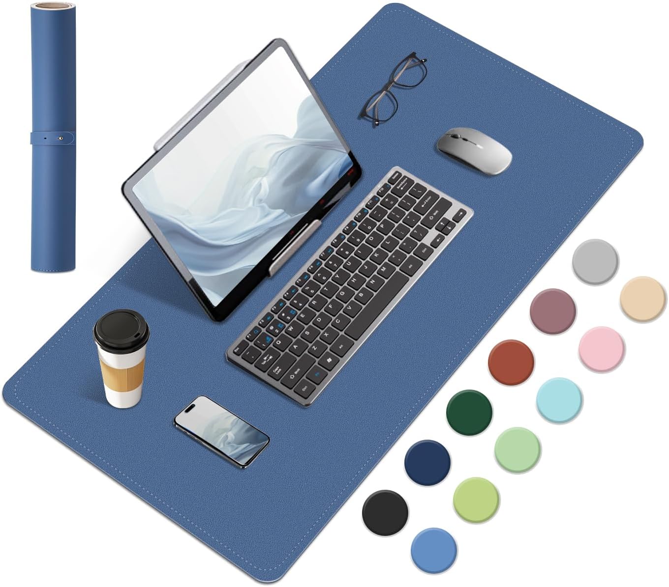 Dual-Sided Desk Pad, Natural Cork & PU Leather Mouse Pad for Desk, Desk Pad Protector, Non-Slip Desk Mat for Office and Home Work, (Lake Blue, 23.6" x 13.7")