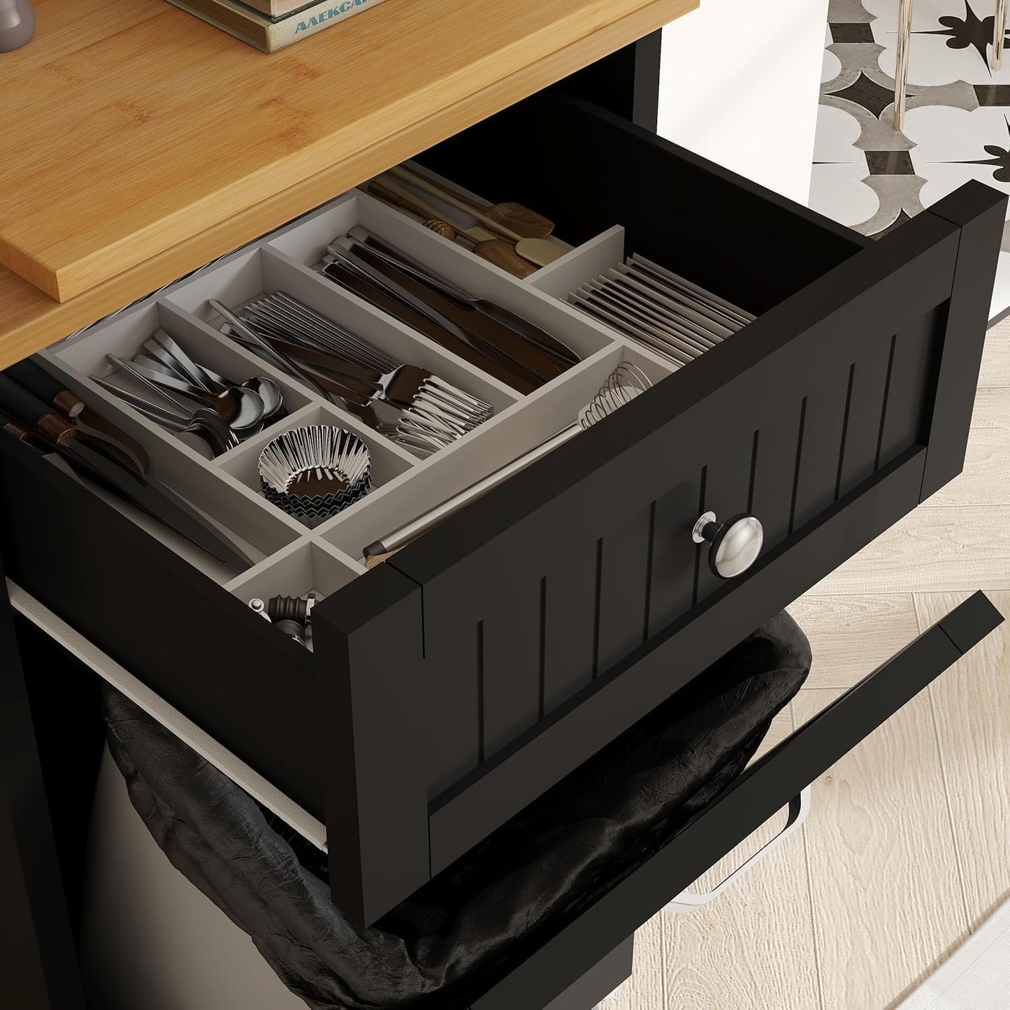 10 Gallon Tilt Out Trash Cabinet, Wooden Kitchen Trash Can Cabinet with Hideaway Drawer, Freestanding Laundry Hamper Garbage Recycling Cabinet on Wheels, Pet Proof, Single, Black