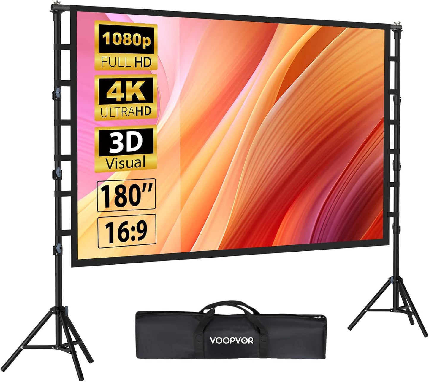 180 Inch Outdoor Projector Screen with Stand: VOOPVOR Portable Projection Screen and Stand, Indoor Rear Front Movie Screen 16:9 4K HD, with Carry Bag, Height Adjustable for Home Theater RVs Camping