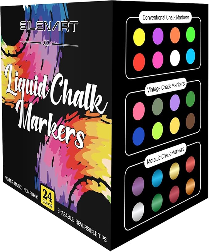 SILENART Chalk Markers for Blackboard - 24 Pack - 8 Neon & 8 Metallic & 8 Vintage Chalkboard Marker - Erasable Pen for Windows, Glass, Whiteboard and Dry Erase Board