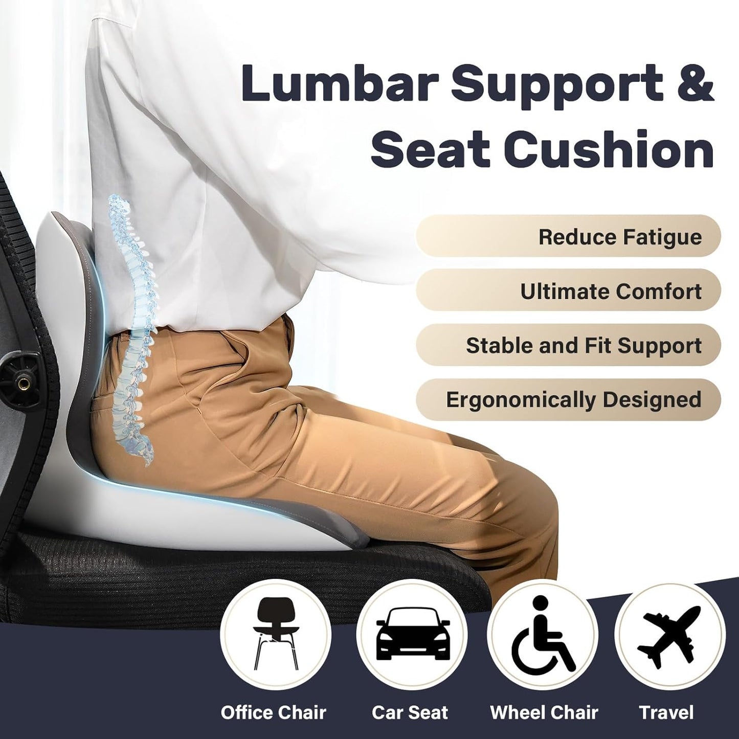 Coverado Seat Cushion and Lumbar Support Pillow One Piece for Car Office Chair, Ergonomic Memory Foam Desk Chair Cushion Back Support Pillow, Sciatica & Back & Tailbone Pain Relief Cushion-Gray