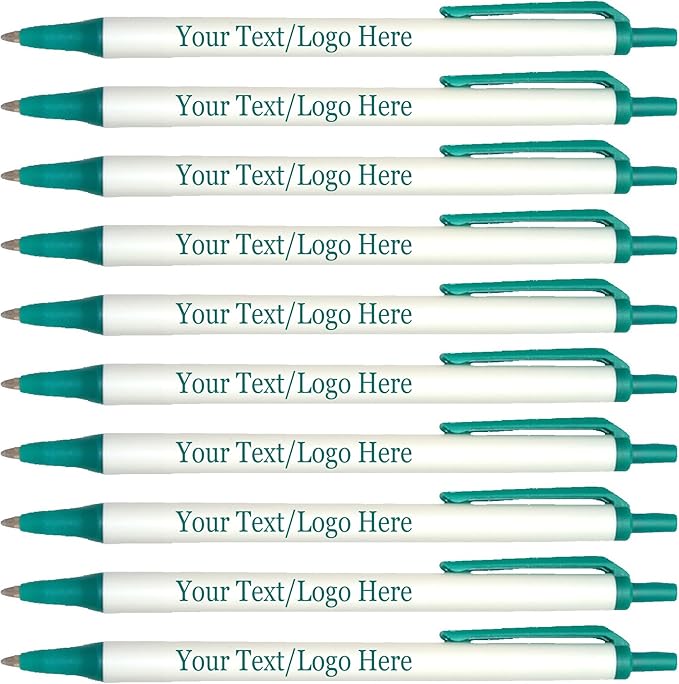 Personalized Click Stick Pens With your Custom Logo or Text-300 Pack Bulk-for Businesses, Parties, and Events, Custom Printed Retractable Slim Ballpoint Pens, Teal, Black Ink
