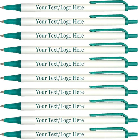 Personalized Click Stick Pens With your Custom Logo or Text-300 Pack Bulk-for Businesses, Parties, and Events, Custom Printed Retractable Slim Ballpoint Pens, Teal, Black Ink