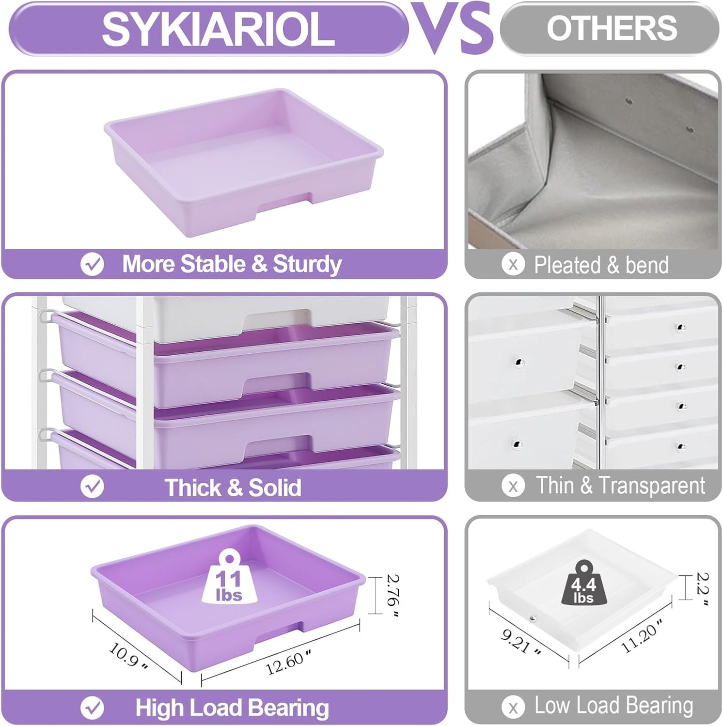 Rolling Cart with Drawers,Utility Cart With 8 Drawers and Wooden Tabletop for Living Room,Classroom,Bedroom,Bathroom,Dorm,Office,Purple