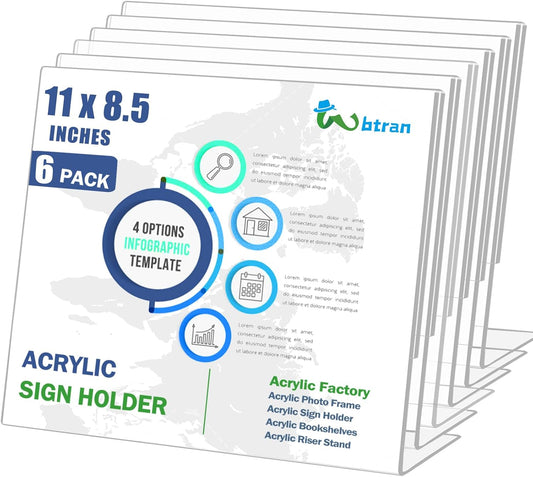 Slanted Back Acrylic Sign Holder 8.5 x 11 Horizontal, Clear Tabletop Stands for Display 11 x 8.5, Plastic Paper Holders for Office, Home, Restaurant (6 Pack)