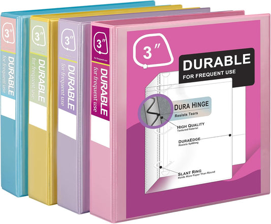 Zzrywuty Durable 3 Ring Binder, 3 Inch, Economy 4 Pack, Each Holds 675 Pages, D-Ring Presentation View Binders for Office, School, Home (Pastel Assortment)