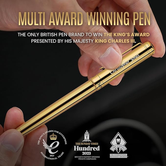 Scriveiner Personalized Gold Rollerball Pen - Stunning Luxury Pen, Real Gold Plating, Schmidt Ink Refill, Best Engraved Roller Ball Gift Set for Men & Women, Custom Name Engraving