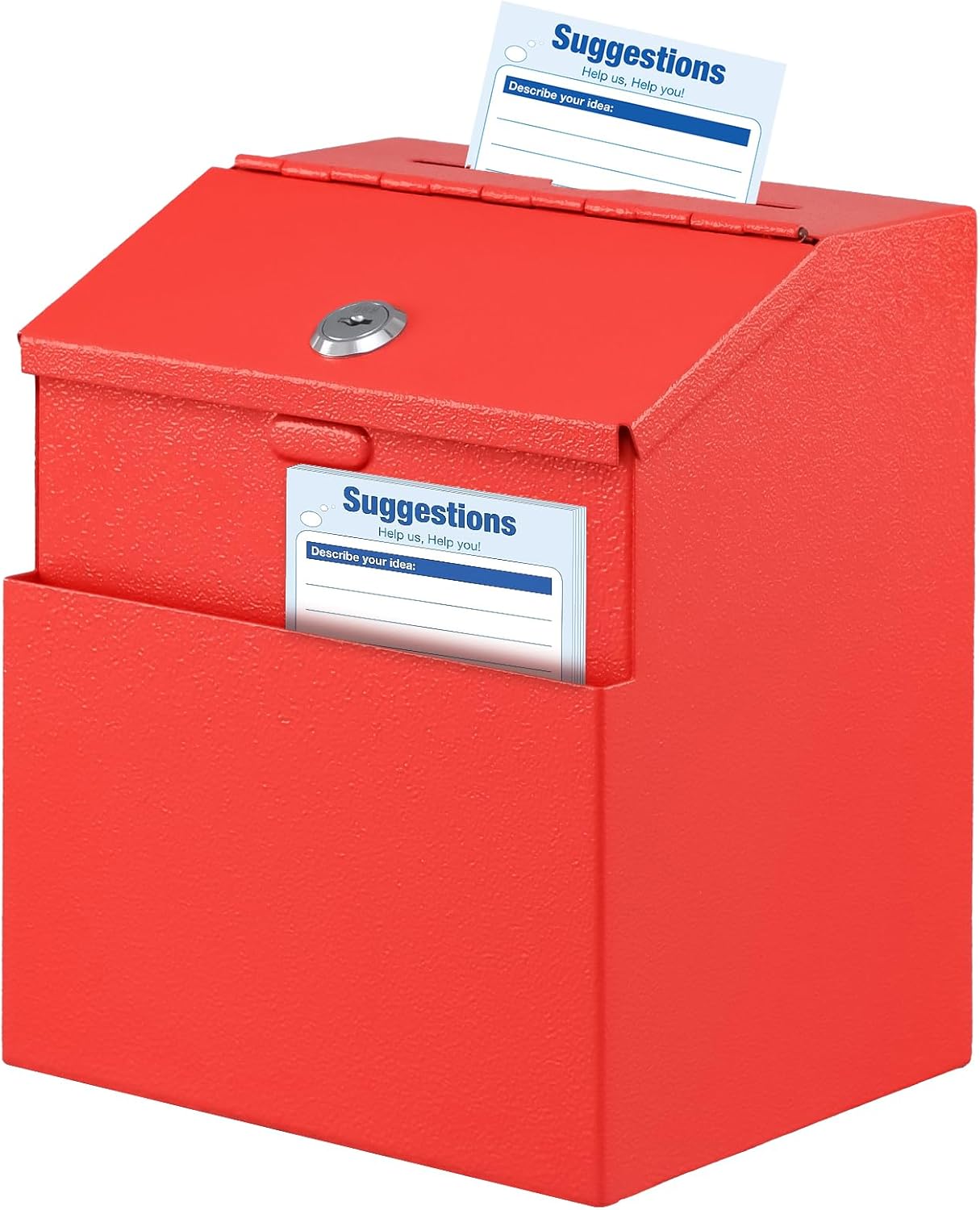 KYODOLED Suggestion Box with Lock and 50 Free Suggestion Cards, Metal Wall Mounted Ballot, Donation and Collection Key Drop Box with Slot & 2 Keys, 8H x 5.7W x 7L Inch, Red