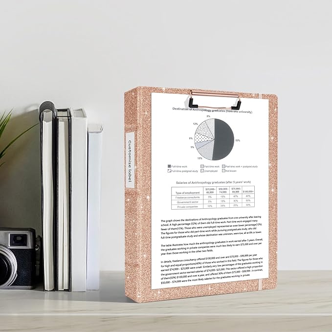 Ospelelf 3 Ring Binder 1 Inch, Vintage Leather Clipboard Binder Organizer for Letter Size (8.5" x 11"), Professional Binder Organizer Dividers with 5 Tabs, Rose Gold