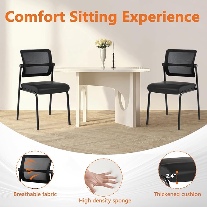 CLATINA Stacking Waiting Room Chairs, Adjustable Mesh Backrest Armless Office Guest Reception Chair with Leather Cushion and Ergonomic Lumbar Support for Conference Lobby Side School Classroom, 4PK