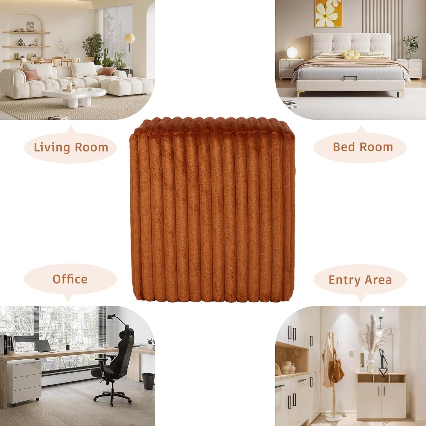 Modern Square Ottoman, Vertical Channel Tufted Foot Stool Ottoman, Velvet Upholstered Vanity Stool for Makeup, Bedroom, Living Room, Dark Orange