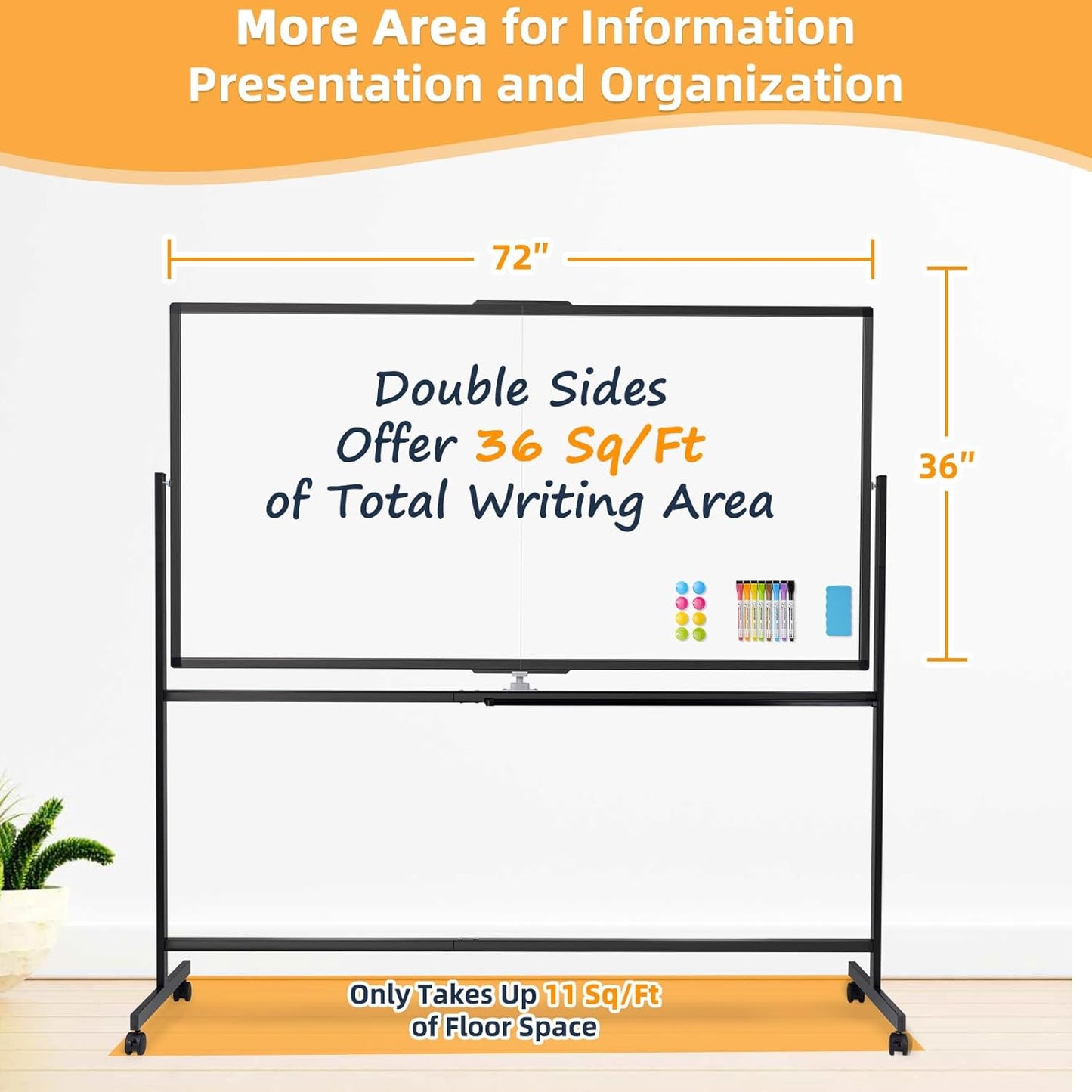 WALGLASS Rolling Whiteboard on Wheels, 72"x36" Double-Sided Dry Erase White Board with Stand, Large Magnetic Whiteboard, Giant Portable Standing Black Boards for Office, School, Home, Classroom 6x3 ft