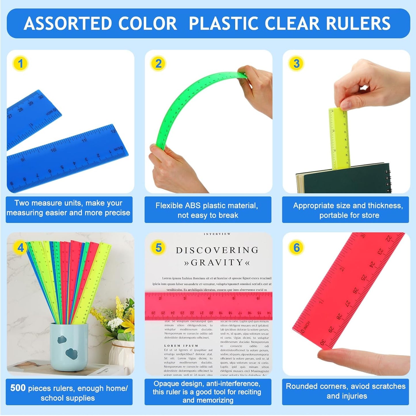 Zonon 500 Pcs 12 Inch Plastic Ruler Assorted Colors Rulers with Centimeters Millimeter and Inches Shatterproof Straightedge Bulk for Classroom School Home Office Kids