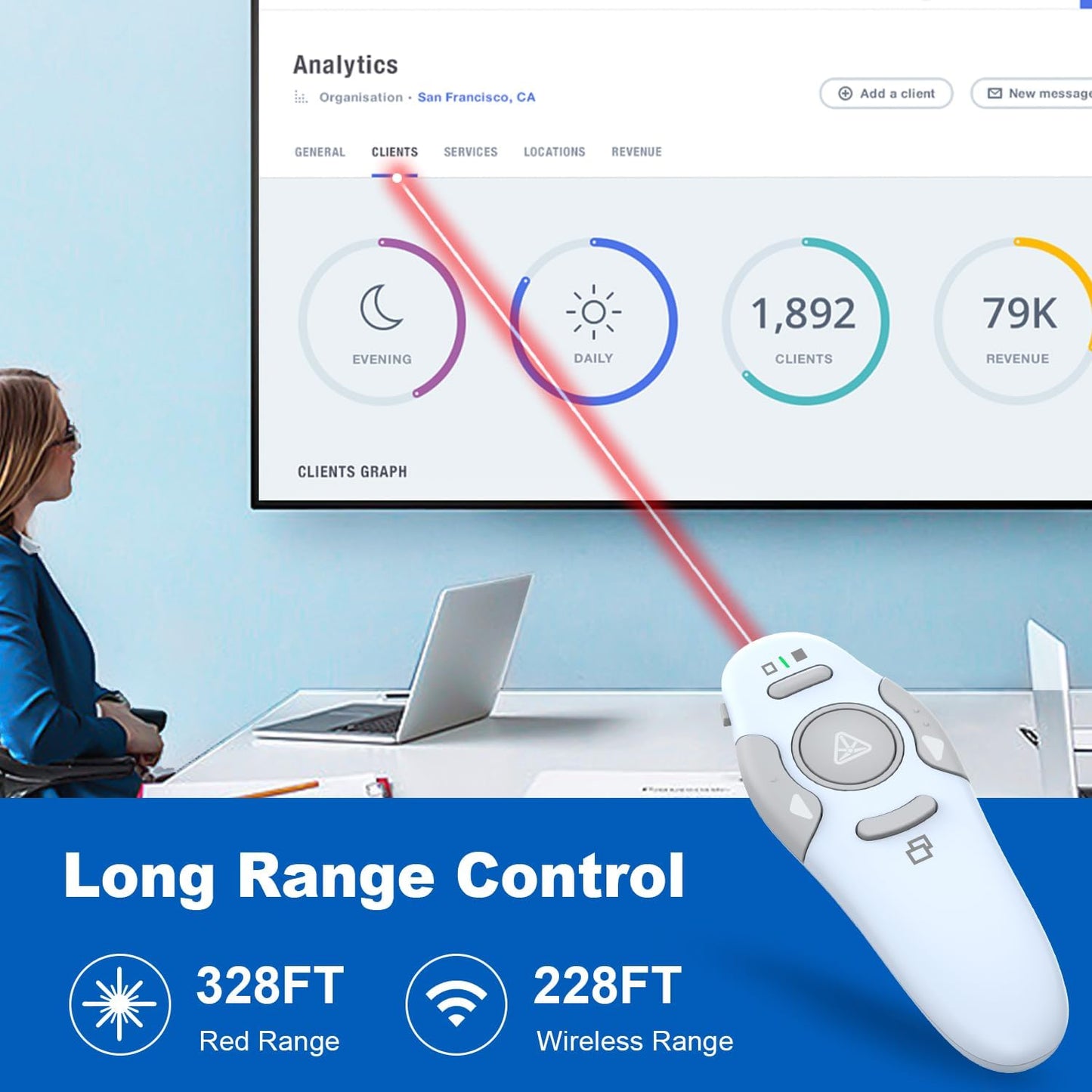 QUI Presentation Clicker Wireless Presenter Remote Clicker for PowerPoint Presentation Remote, PowerPoint Slide Advancer for Mac/Windows/Linux, Google Slide/PPT/Keynote, USB, Blue