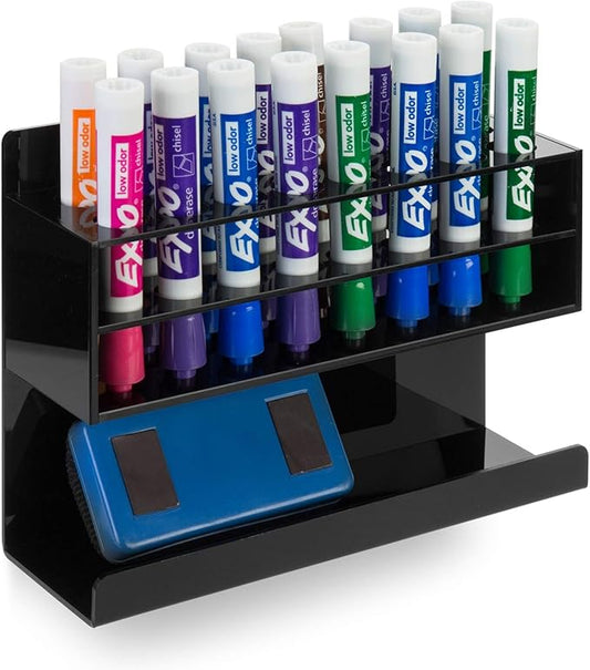 MyGift Wall Mounted Premium Black Acrylic Dry Erase Marker Holder with 16 Slots for Marker Pens and Eraser Storage Tray Whiteboard Accessories Rack for Home Office School Dorm