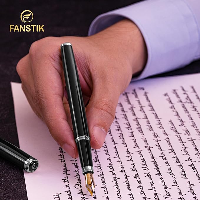 Customized Black & Silver Luxury fountain pen (Made In USA) fancy gift set for women, Real 24K Gold Plating, Professional executive pen gift set for men (Lux Custom-fountain Black-Silver)