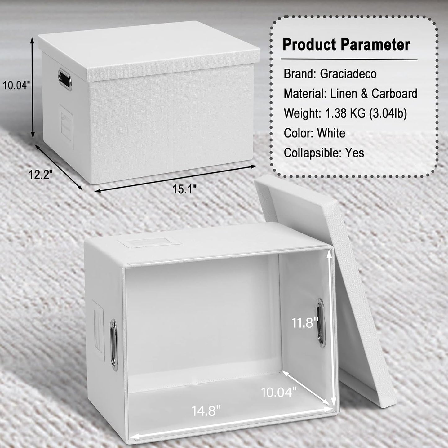 File Organizer Box, Collapsible Storage Filling Box with Lid for Letter Legal Size Hanging Folders Decorative Linen File Folder Box Document Storage Filing Bin, White 2 Pack