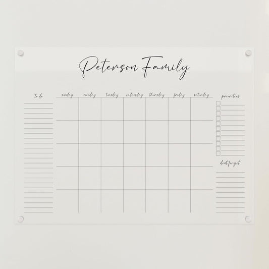 Personalized Clear Acrylic Calendar for Wall, Calendar Whiteboard for Wall, Dry Erase Wall Calendar, Wall Calendar Organizer System for Home (Cursive, Black, 31"W x 23"H)