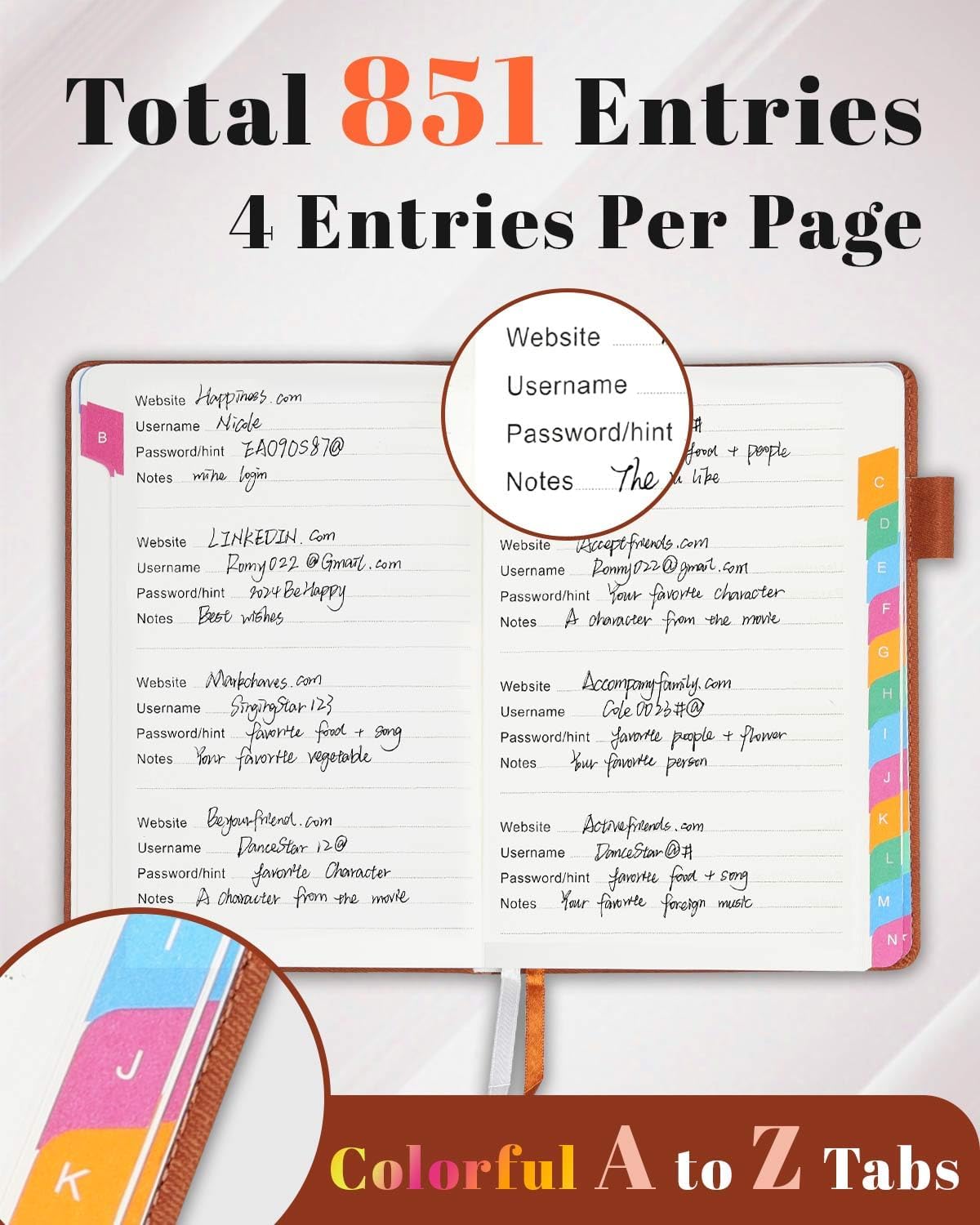 Password Keeper Book with Colorful Alphabetical Tabs, Hardcover Password Log-Book for Internet Password and Website Address, 5.8"×8.4" Password Notebook for Home Office (Sienna)