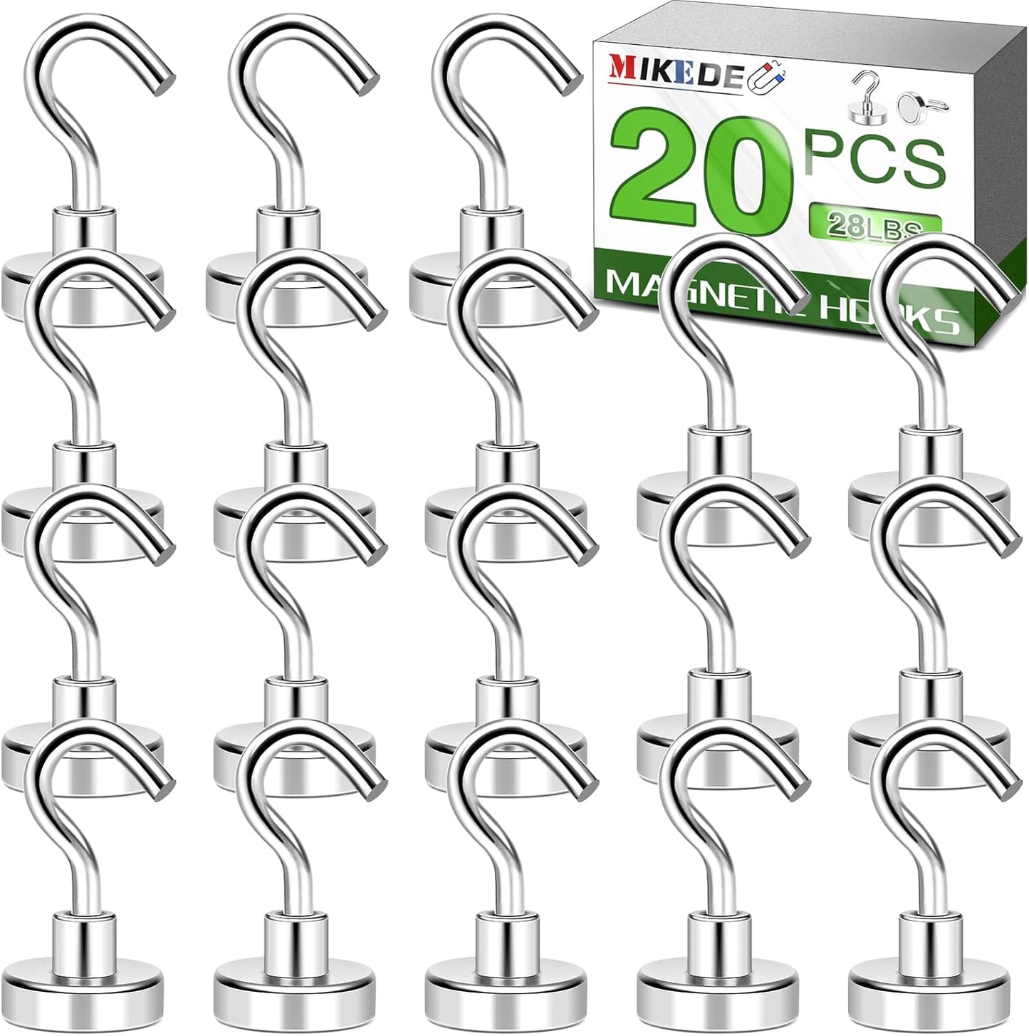 MIKEDE N52 Magnetic Hooks, 28lbs+ Heavy Duty Earth Magnets with Hooks for Refrigerator, Extra Strong Cruise Magnets Hooks for Hanging, Cruise Cabins, Grill, Indoor, Outdoor - 20 Pack