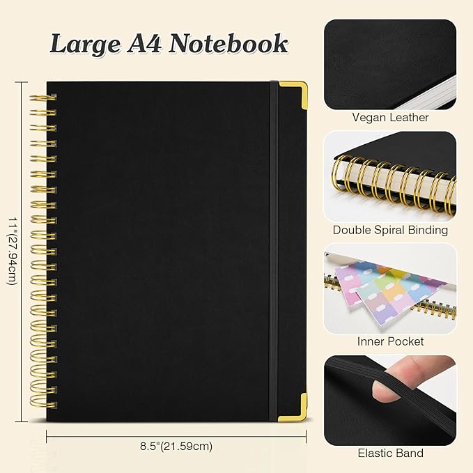 Spiral Notebook 8.5" x 11", 300 Numbered Pages Notebooks College Ruled with Contens, 100GSM Thick Journal for Women Men, Hardcover Leather Lined Journal for Writing, Large A4 Notebooks for Work School