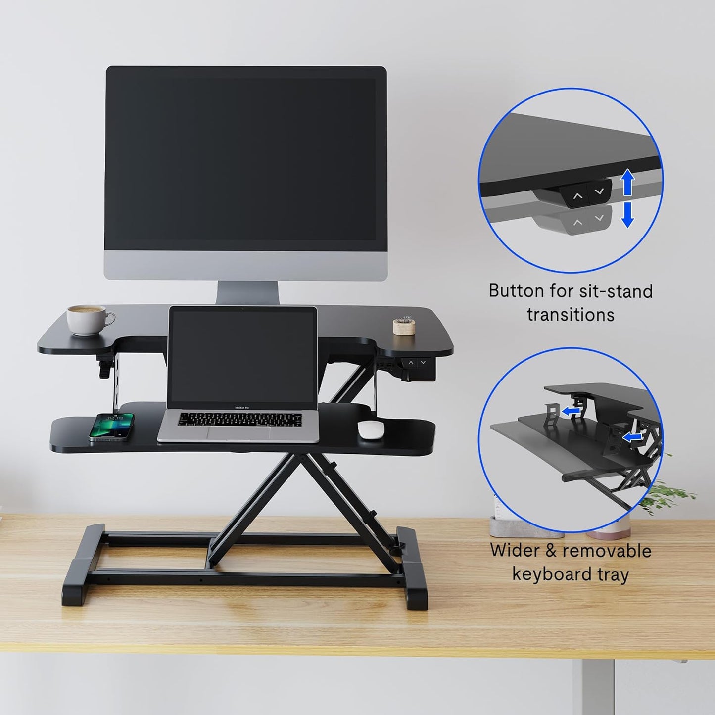 FLEXISPOT Motorized Standing Desk Converter 32" Black Electric Height Adjustable Stand up Desk Riser with Quick Release Keyboard Tray