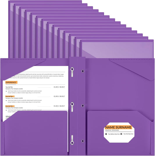 Henoyso 36 Pcs Plastic Folder with Clear Front Pocket and 3 Prong Plastic Folders with Card Slot Pocket Folders with Prongs for School Office (Purple)