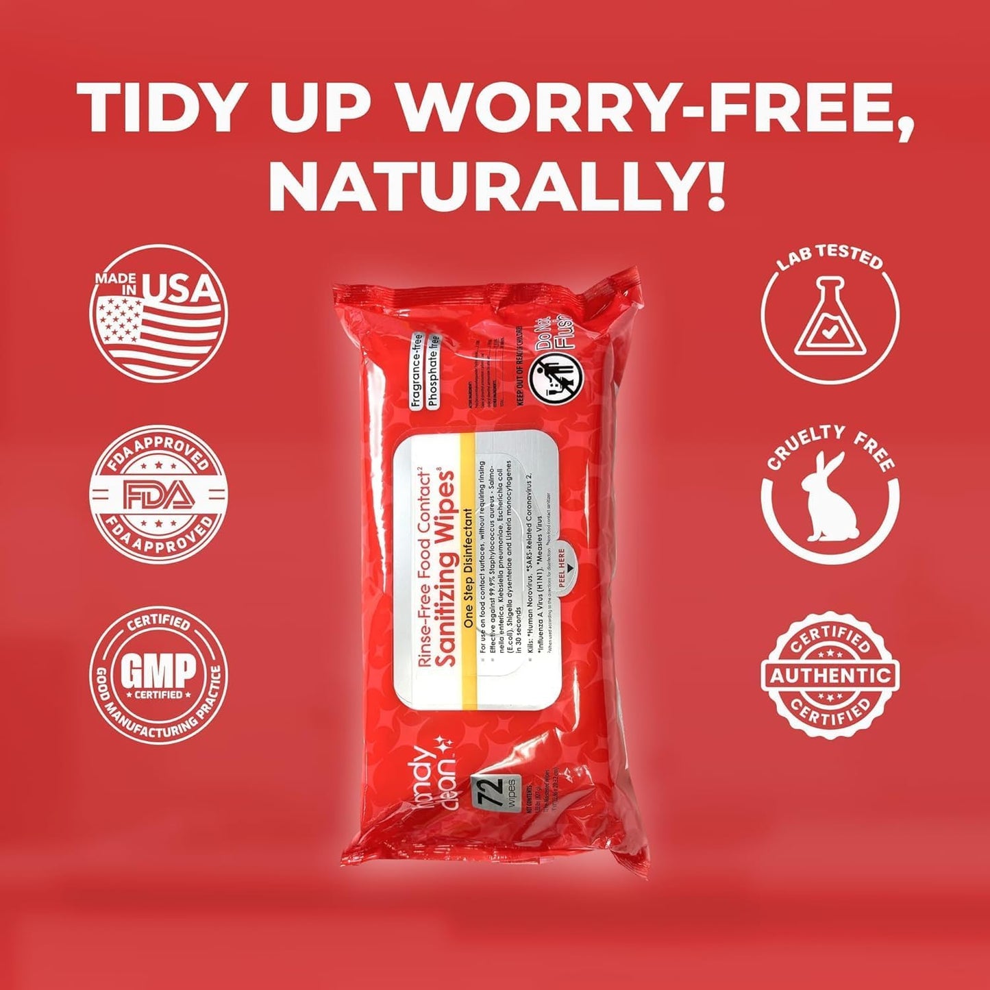 HandyClean Rinse-Free Food Contact Sanitizing Wipes Pouch, Multi Surface Cleaning Supplies for Kitchen and Professional Setting - 12 pack, 864 count