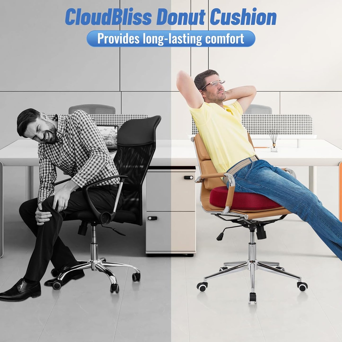 CloudBliss Donut Pillow Seat Cushion Chair Pad for Tailbone Pain Relief and Hemorrhoids, Memory Foam Seat Chair Cushion for Men and Women for Home & Office, (Red)