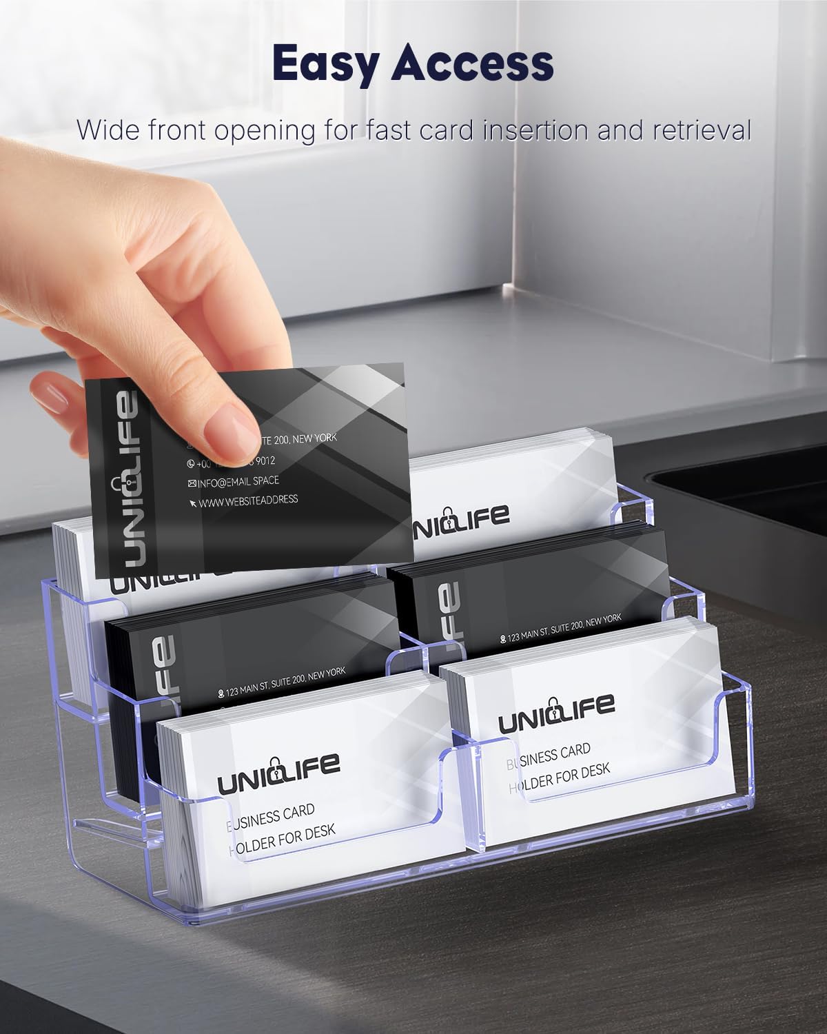 Uniclife 2 Pack Acrylic Business Card Holder for Desk 3 Tiers 6 Slots Clear Business Card Display Stand for Men & Women Desktop Business Card Organizer Card Stand for Office Home, 360 Card Capacity